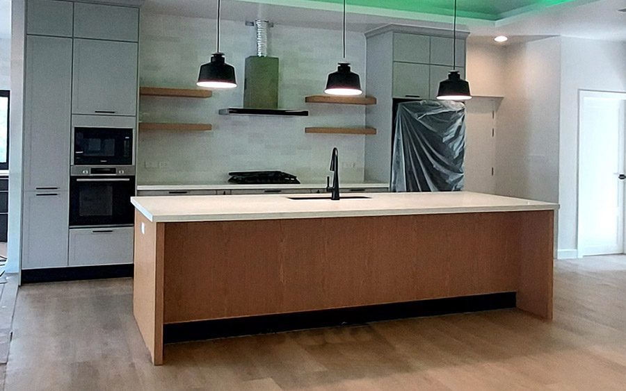 open plan kitchen island unit with low lighting